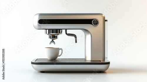 A stylish coffee machine with chrome accents and a cup ready to be filled, isolated on white, offering space for marketing campaigns or product descriptions.