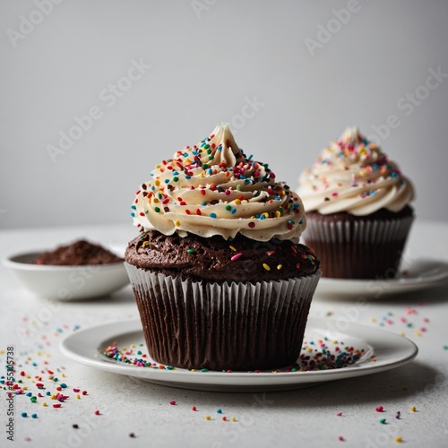 A chocolate cupcake with frosting and sprinkles on a white dish.
