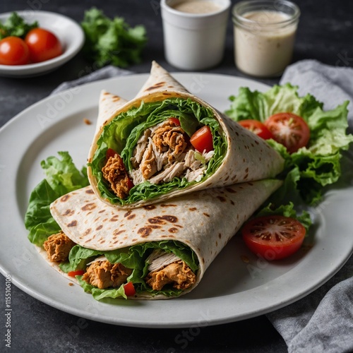 A crispy chicken Caesar wrap on a white plate.