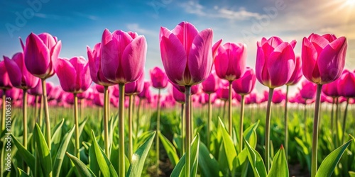 Row of vibrant pink tulips standing tall in a lush green field on a sunny spring day, tulip blooms