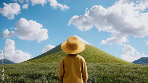 National HAT Day concept. person gazes at giant hat shaped mountain under bright sky
