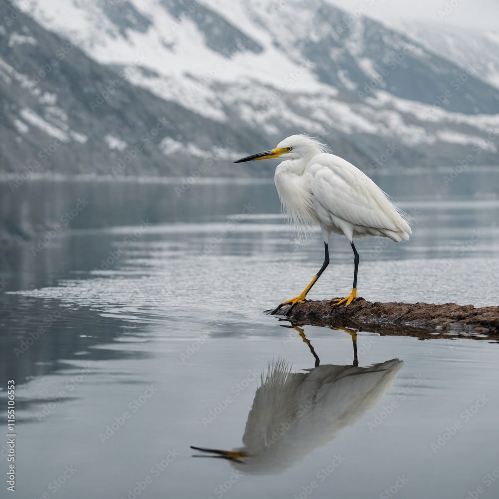 A snowy egret standing by a mountain lake, white background. A snowy egret standing by a mountain lake, white background.