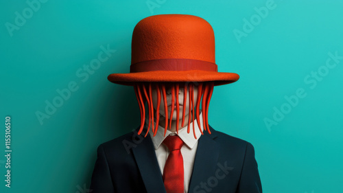 National HAT Day concept. surreal portrait of person with orange hat and tentacle like hair photo