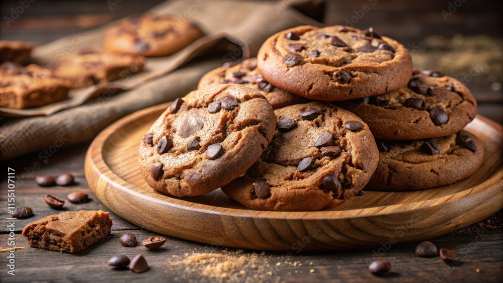 Dark brown chocolate chip cookies on a wooden plate with a few crumbs scattered around, illuminated by soft natural light Dark brown chocolate chip cookies on a wooden plate with a few crumbs scattered around, illuminated by soft natural light