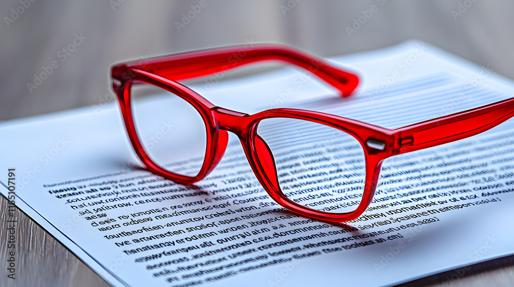 Stylish Red Glasses on Paper with Text Close-Up Shot Stylish Red Glasses on Paper with Text Close-Up Shot