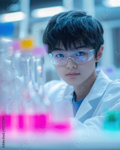 Portrait of a teenage Asian boy experimenting with chemistry, curious and innovative, brightly lit science lab, photo