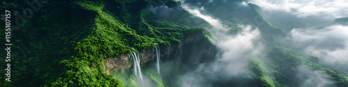 Aerial panorama of cascading waterfalls dotting the lush cliffs. with intricate patterns of mist rising dramatically. in 4K resolution