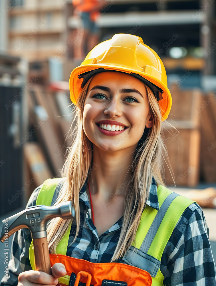 Beautiful blonde female construction worker in yellow helmet holding hammer and smiling, people at work, professional