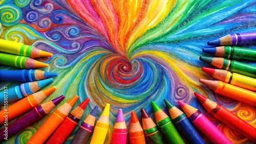 Vibrant crayon drawing on a colorful background with swirling patterns and shapes , creative illustration, abstract art