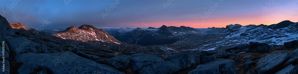 Obraz premium Wide shot of Trolltunga at twilight. with the last rays of sunlight casting a warm glow on the rock and the surrounding mountains. in 4K resolution