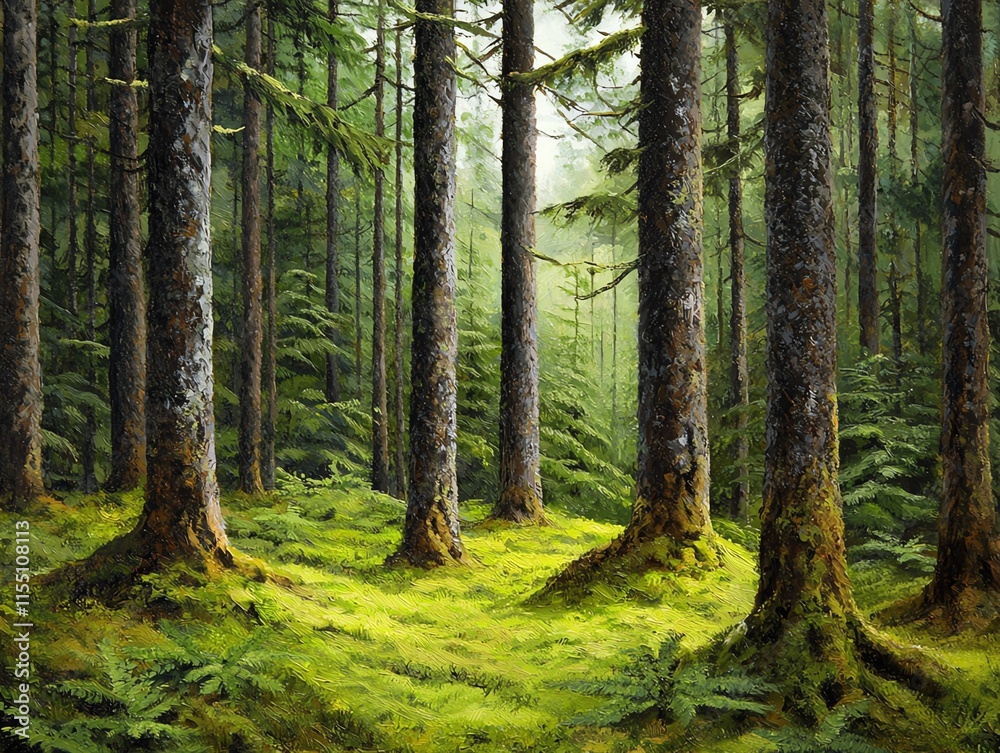 Quiet forest with tall, shadowy trees, soft moss covering the ground, Nature Serenity Trees Quiet forest with tall, shadowy trees, soft moss covering the ground, Nature Serenity Trees