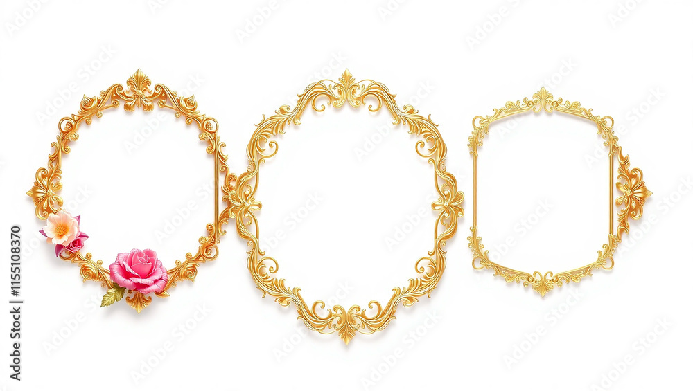 Set of ornate gold frames with floral accents. Vintage, decorative, and elegant design elements. Set of ornate gold frames with floral accents. Vintage, decorative, and elegant design elements.