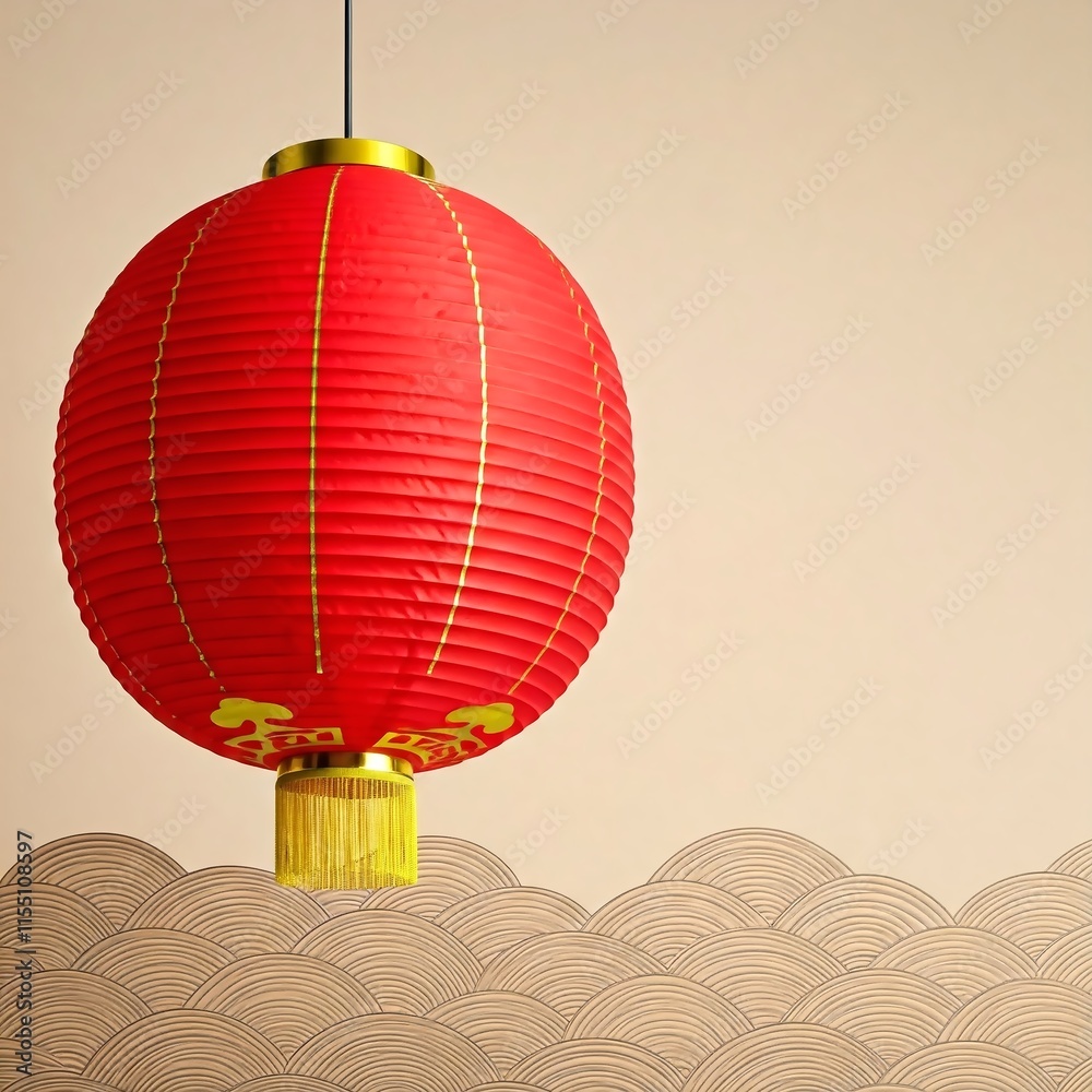 Obraz premium Traditional Chinese lanterns on a beige background, adorned with gold tassels and minimal ornaments, perfect for Chinese New Year designs with copy space