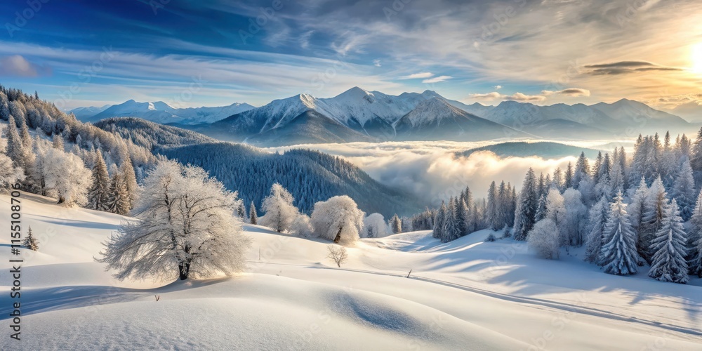 Snowy mountainside with drifts reaching tree tops, trees bare and frozen Snowy mountainside with drifts reaching tree tops, trees bare and frozen