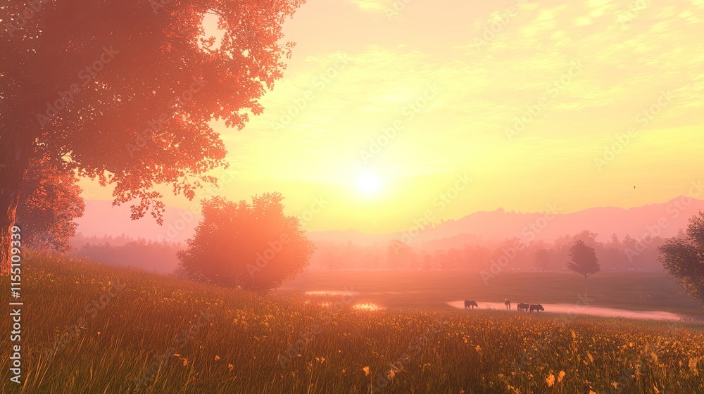 Naklejka premium Golden Sunset Over a Peaceful Pastoral Field with Cows