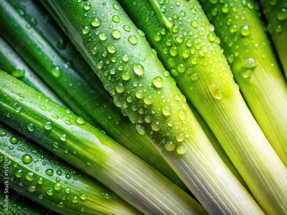 Fresh leeks, minimalist top view, with water droplets. AI photography. Fresh leeks, minimalist top view, with water droplets. AI photography.