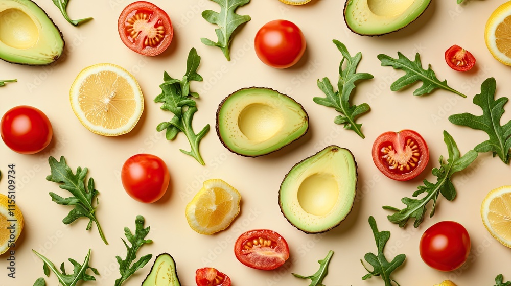 Healthy Food Pattern Avocados Tomatoes Lemons And Arugula