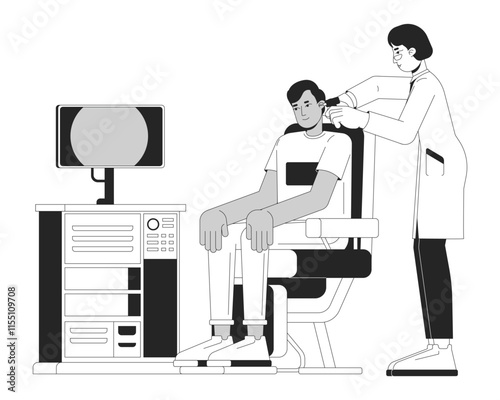 Ear examination linear illustration. Asian female audiologist with ent device. Otolaryngologist performing patient checkup 2D line characters isolated on white. Monochrome vector outline image