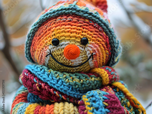 Wears a cozy knit cap and scarf, handcrafted with bright, cheerful colors to brave the winter chill.  photo