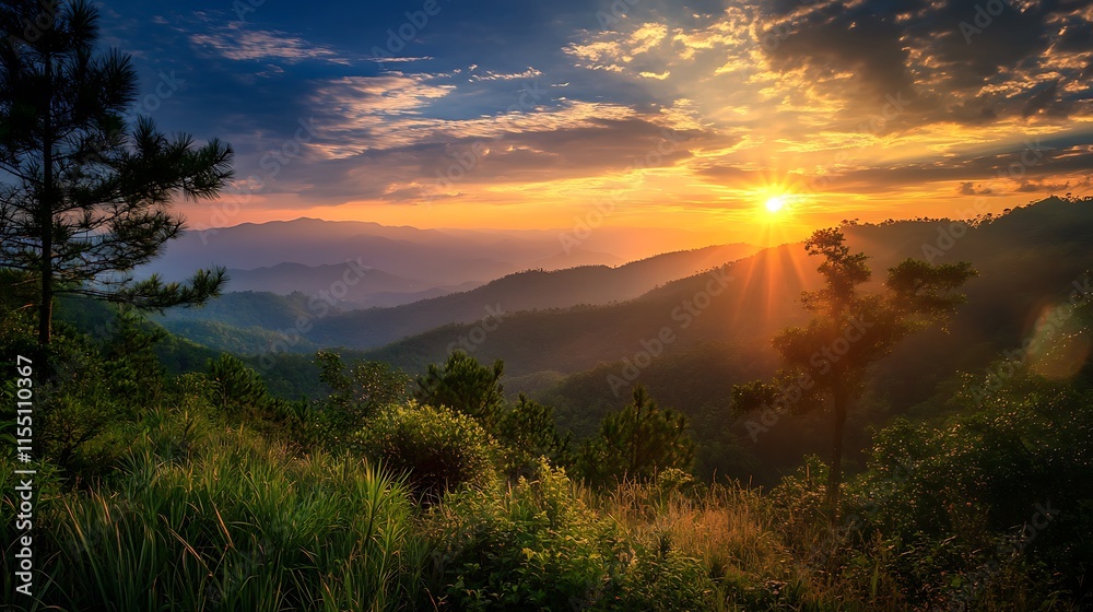Naklejka premium Majestic Sunset Over Mountain Range