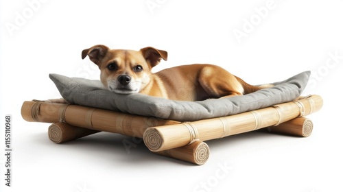 Adorable Dog Relaxing on Stylish Bamboo Pet Bed, Cozy and Comfortable Design for Canine Companions photo