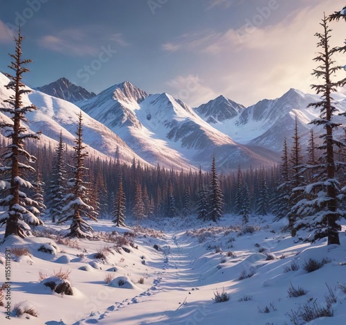 Snowy forest with Chugach mountains in the background , alaska, wilderness photo