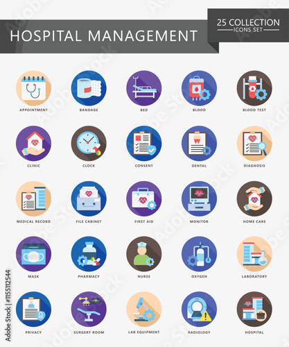 Hospital management rounded color icon set. contain calendar, appointment, doctor, nurse, diagnostic, clinic and more. Vector EPS 10 for print, digital UI, UX kit, web and app for business management