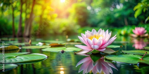 Wallpaper Mural Serene lotus flower plants with green leaves floating on calm lake waters surrounded by lush vegetation and vibrant aquatic life , green leaves, scenery Torontodigital.ca