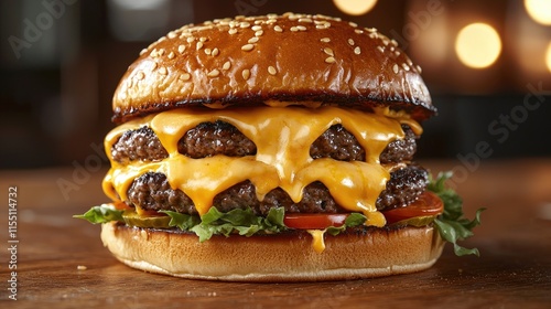 Juicy Triple Cheeseburger with Melted Cheese and Fresh Vegetables on a Wooden Table in a Cozy Restaurant Setting