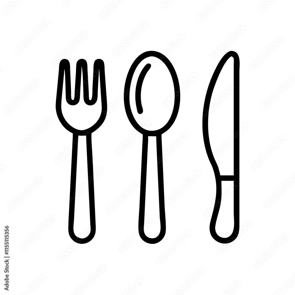 Outline Icon Tablespoon Fork Table Knife, Kitchen Cutlery Top View. Such Line sign as Dining Eating Tools, Restaurant Flatware. Outline Icon Tablespoon Fork Table Knife, Kitchen Cutlery Top View. Such Line sign as Dining Eating Tools, Restaurant Flatware.