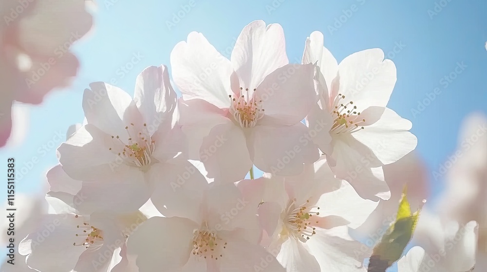 Delicate Pink Cherry Blossoms Blooming Under a Sunny Sky Delicate Pink Cherry Blossoms Blooming Under a Sunny Sky