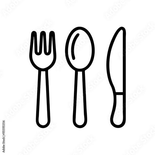 Outline Icon Tablespoon Fork Table Knife, Kitchen Cutlery Top View. Such Line sign as Dining Eating Tools, Restaurant Flatware.