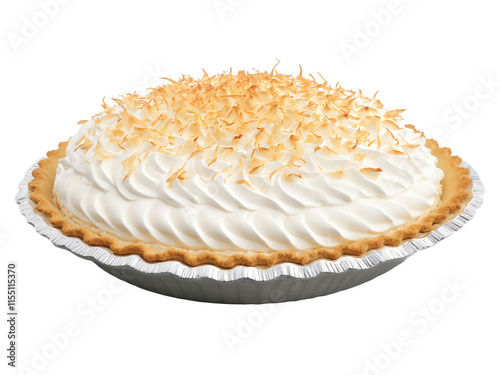 Coconut Cream Pie, billowing whipped cream studded with toasted coconut, custard center, buttery crust, tropical flair