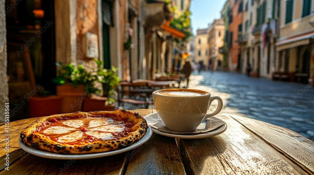 Fototapeta premium Italy vacations. Slices of pizza and a cup of espresso coffee with a picturesque Italian street in the backdrop.