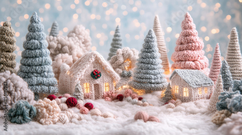 A knitted Christmas scene with houses and trees