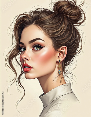 A woman with a bun hairstyle and red lips. She is wearing earrings and a necklace