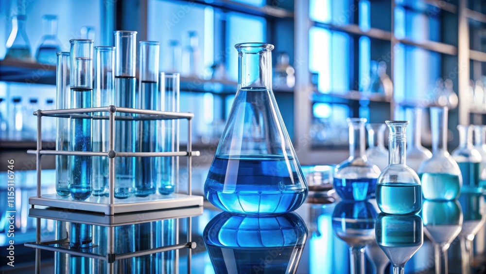 A glass flask containing a transparent blue liquid is placed on a laboratory shelf amidst numerous beakers and other scientific instruments , lab, instrument A glass flask containing a transparent blue liquid is placed on a laboratory shelf amidst numerous beakers and other scientific instruments , lab, instrument