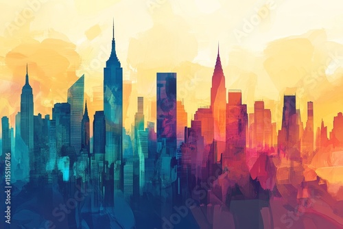 Vibrant cityscape skyline at sunset, depicted in a stylized, low-polygonal art style. photo