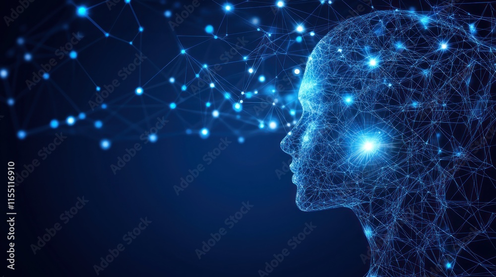 Artificial Intelligence dark blue background with digital and futuristic elements, surrounded by binary code stars representing data connections and technology Artificial Intelligence dark blue background with digital and futuristic elements, surrounded by binary code stars representing data connections and technology