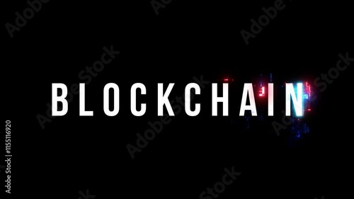 Blockchain text word light animation loop with glitch text effect. 4K 3D seamless looping effect element for Cinema trailer, Sales Marketing title banner.