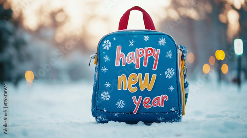 Happy new year written on a school bag for new year celebration