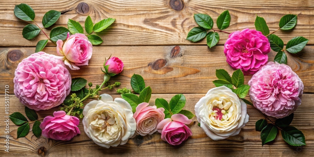 Freshly picked Damask rose heads are arranged on a wooden background , botanical Freshly picked Damask rose heads are arranged on a wooden background , botanical