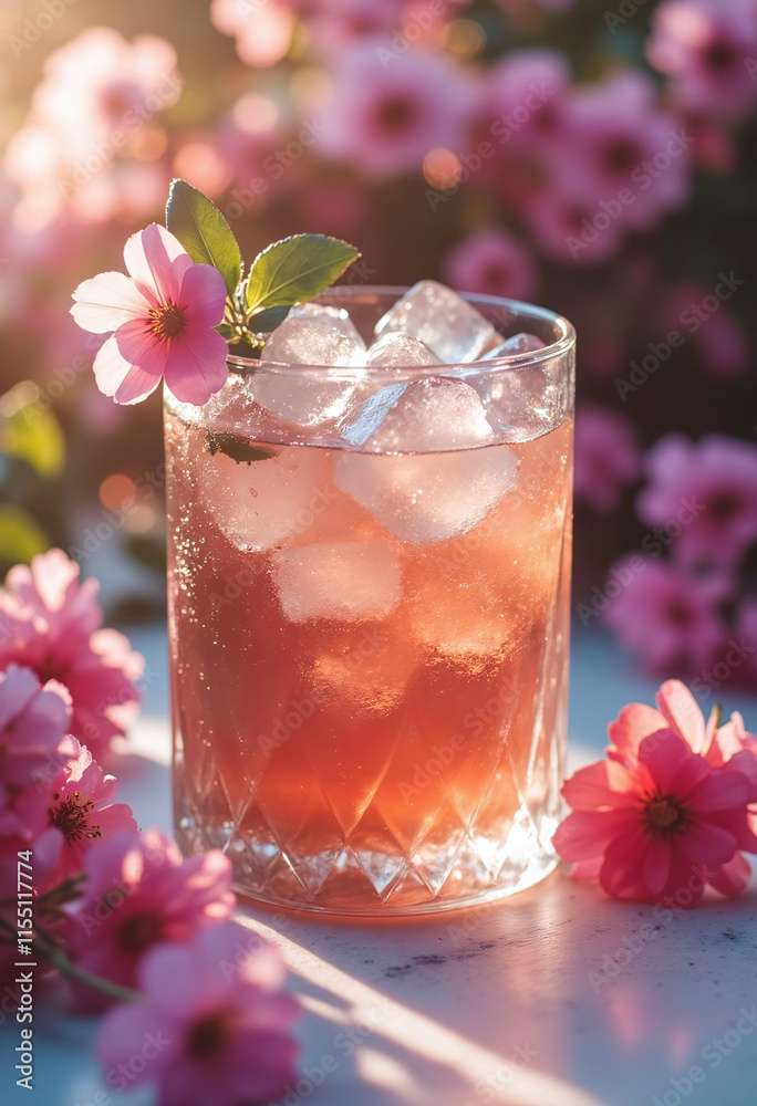 A glass of pink drink with ice cubes and a flower on top. The flower on top of the drink adds a touch of elegance and freshness to the scene A glass of pink drink with ice cubes and a flower on top. The flower on top of the drink adds a touch of elegance and freshness to the scene