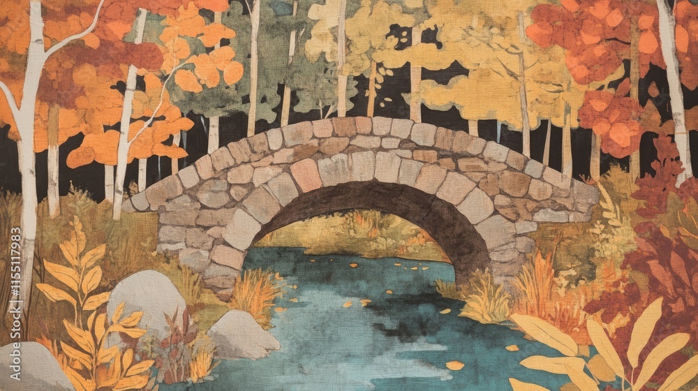 Naklejka premium Stone Bridge Over Stream Autumnal Forest Setting