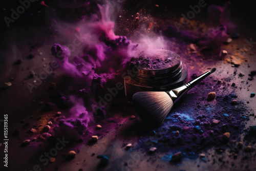 Beautiful explosion of violet powder and makeup brush on a black background. Beauty concept. Cosmetic background.