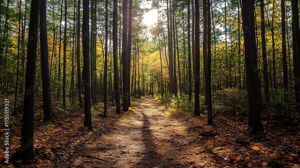 Fototapeta premium Forest path in autumn sunlight