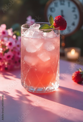 A glass of pink drink with a strawberry on top. The drink is served in a tall glass with ice cubes