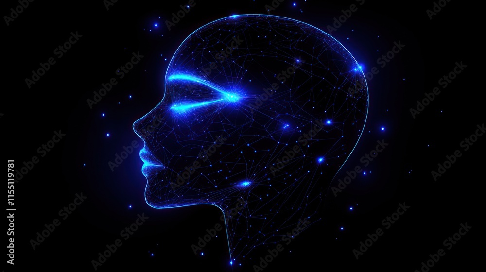 Artificial Intelligence dark blue background with digital and futuristic elements, surrounded by binary code stars representing data connections and technology Artificial Intelligence dark blue background with digital and futuristic elements, surrounded by binary code stars representing data connections and technology