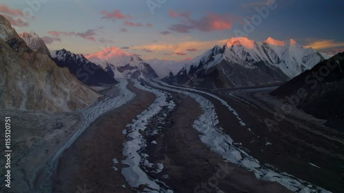 Aerial landscape of Karakoram mountains at sunset, Concordia camp, K2 trekking route in Pakistan photo