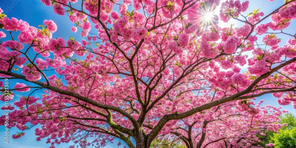 Vibrant pink blossoms on a mature deciduous tree with lush green leaves and branches stretching towards the sky in a warm sunny spring morning atmosphere , spring morning, deciduous tree Vibrant pink blossoms on a mature deciduous tree with lush green leaves and branches stretching towards the sky in a warm sunny spring morning atmosphere , spring morning, deciduous tree